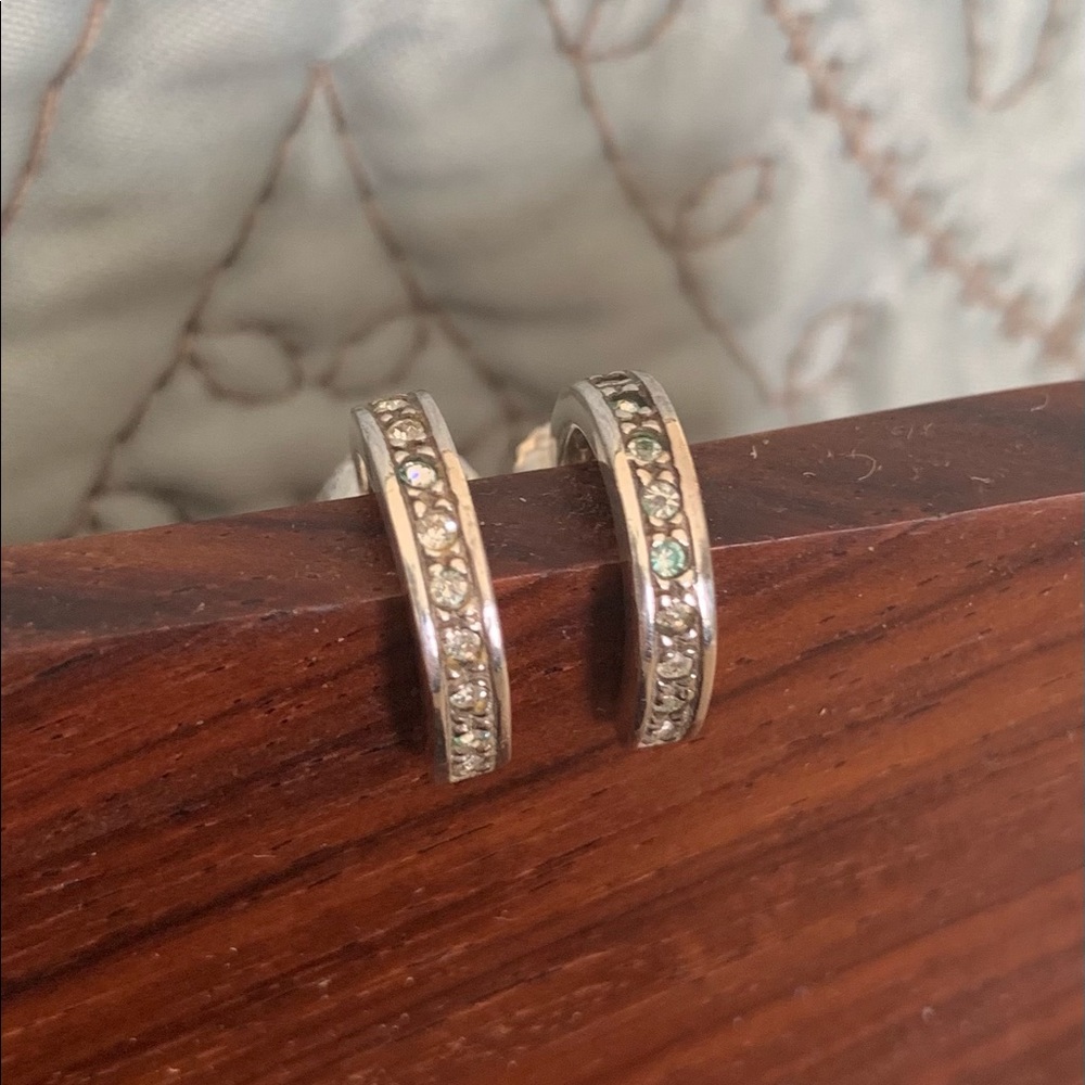Sterling Silver and White Gold CZ Half Hoop Earrings